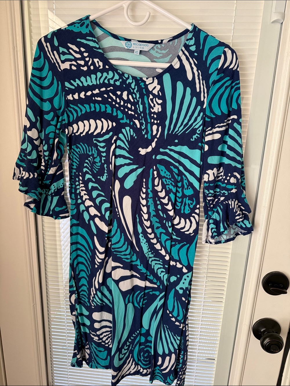 escapada Teal, Navy & White Abstract Bell-Sleeve Dress